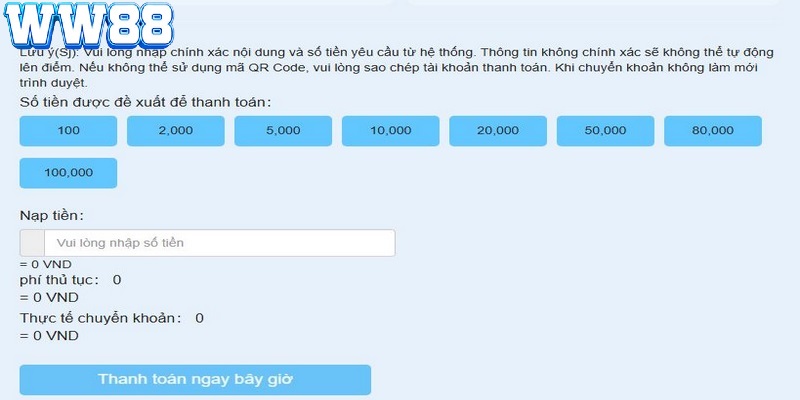 Nạp tiền WW88 thành công qua ngân hàng cá nhân